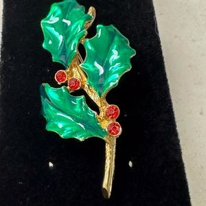 Vintage Gold Tone Enamel Signed AAI Christmas Holly Brooch Pin Used in Very Goo